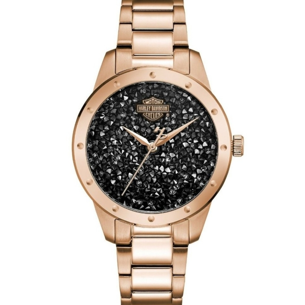 Harley-Davidson Women's Gold Watch with Black Crystal Dial